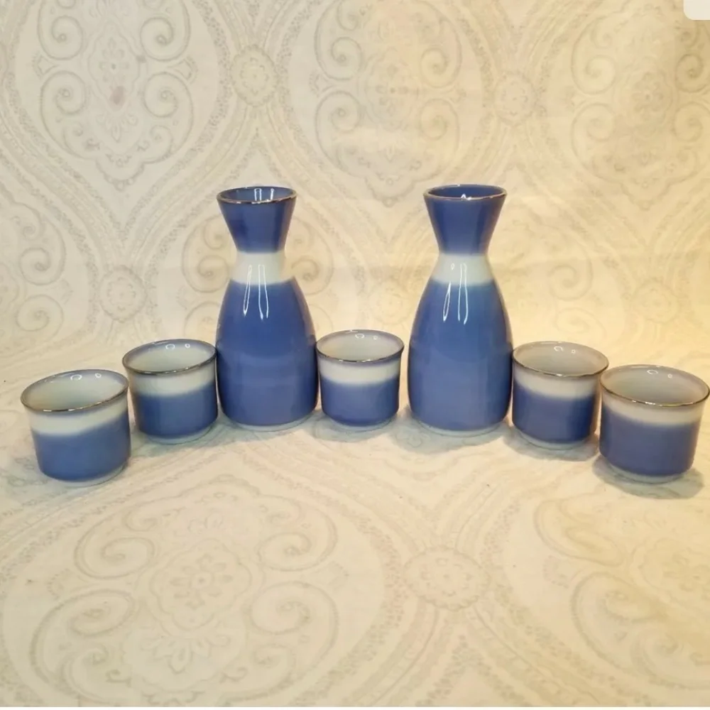 Vintage Arita Porcelain Crane Blue White Sake Set Gold Metallic Detail Japan